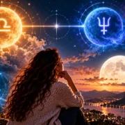 Mulher observa céu astrológico com Lua, Libra, Netuno em Áries, Peixes e Virgem na véspera da Lua Cheia.