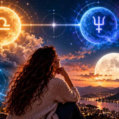 Mulher observa céu astrológico com Lua, Libra, Netuno em Áries, Peixes e Virgem na véspera da Lua Cheia.
