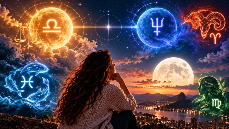 Mulher observa céu astrológico com Lua, Libra, Netuno em Áries, Peixes e Virgem na véspera da Lua Cheia.