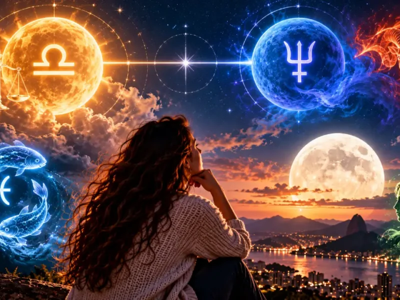 Mulher observa céu astrológico com Lua, Libra, Netuno em Áries, Peixes e Virgem na véspera da Lua Cheia.
