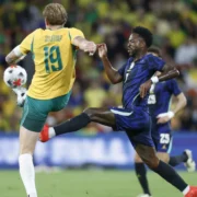 Vini Jr comemora gol pela Seleção Brasileira contra a Austrália em Brisbane