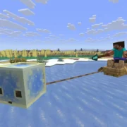 Steve navega em um barco sobre uma área congelada em Minecraft Java Edition.