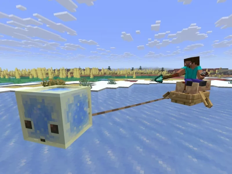 Steve navega em um barco sobre uma área congelada em Minecraft Java Edition.