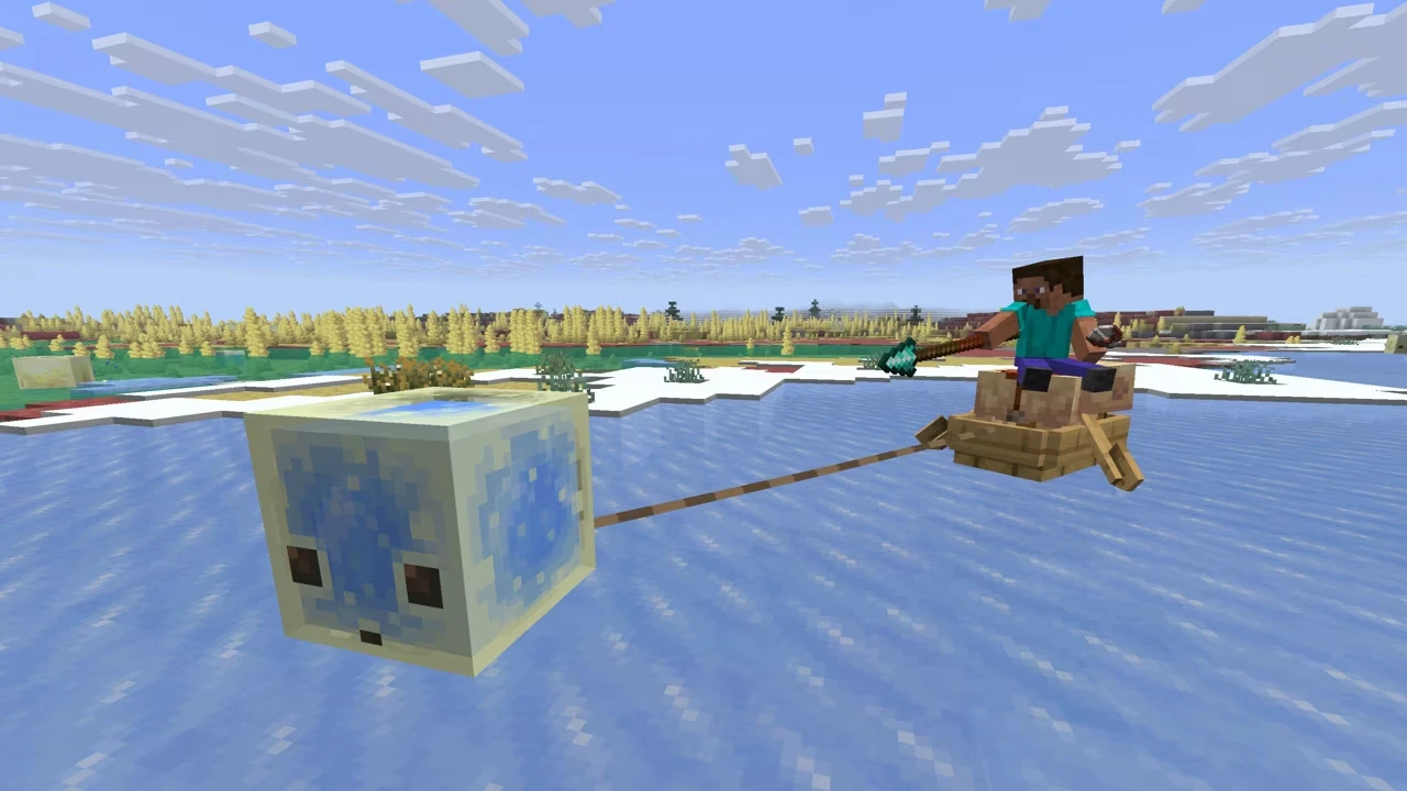 Steve navega em um barco sobre uma área congelada em Minecraft Java Edition.