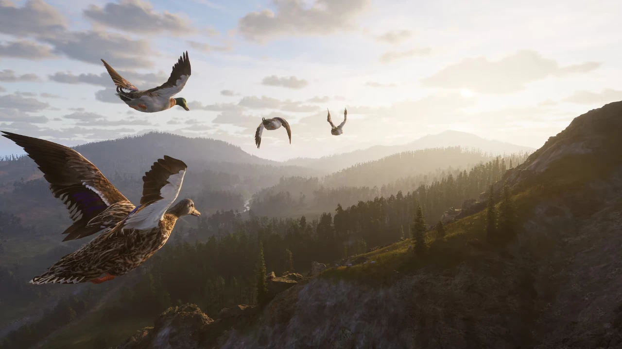 Patos voam sobre montanhas em Way of the Hunter 2