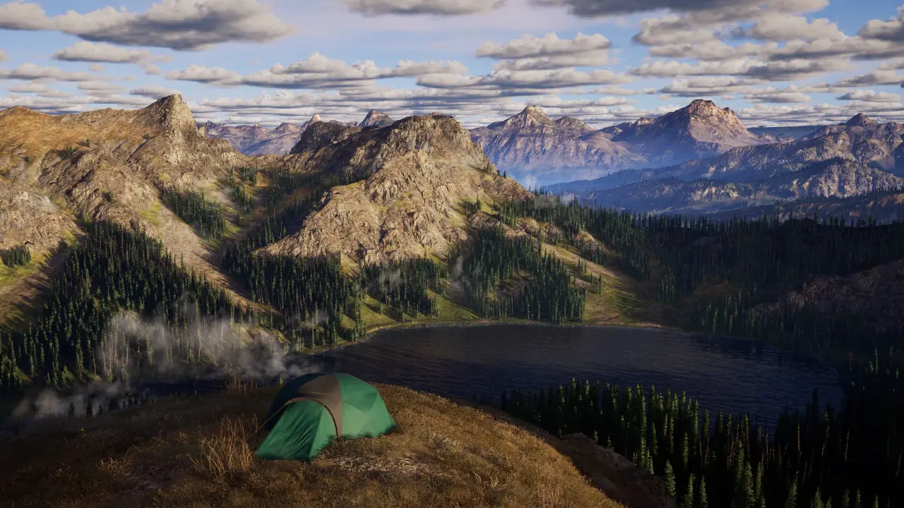 Acampamento em região montanhosa de Way of the Hunter 2