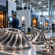 Fábrica de impressão 3D industrial com equipamentos de fabricação aditiva metálica, componentes de turbinas e técnicos operando máquinas.