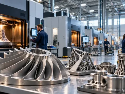 Fábrica de impressão 3D industrial com equipamentos de fabricação aditiva metálica, componentes de turbinas e técnicos operando máquinas.