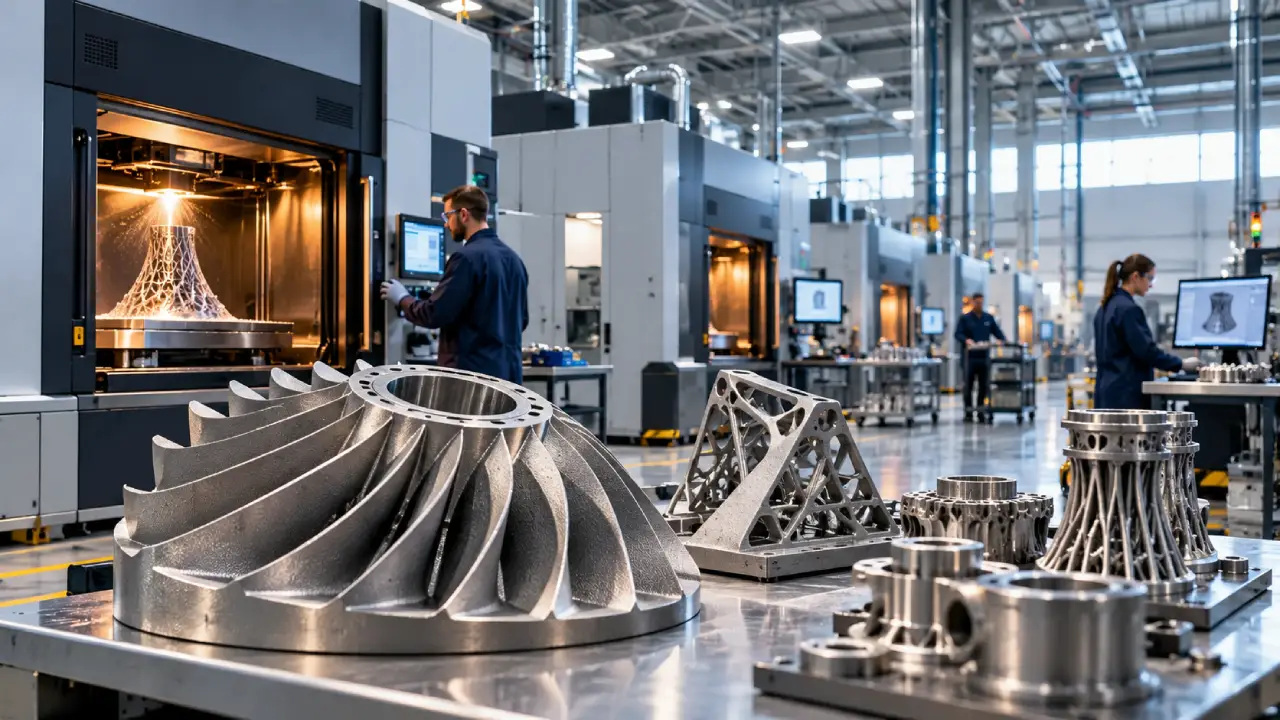 Fábrica de impressão 3D industrial com equipamentos de fabricação aditiva metálica, componentes de turbinas e técnicos operando máquinas. Fábrica de impressão 3D industrial com equipamentos de fabricação aditiva metálica, componentes de turbinas e técnicos operando máquinas.