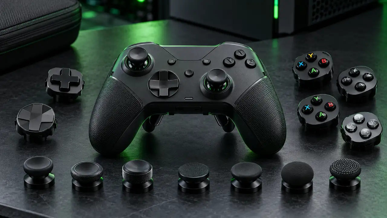 Controle gamer preto com dois direcionais digitais, módulos de botões ABXY e diferentes modelos de analógicos intercambiáveis sobre uma bancada escura.