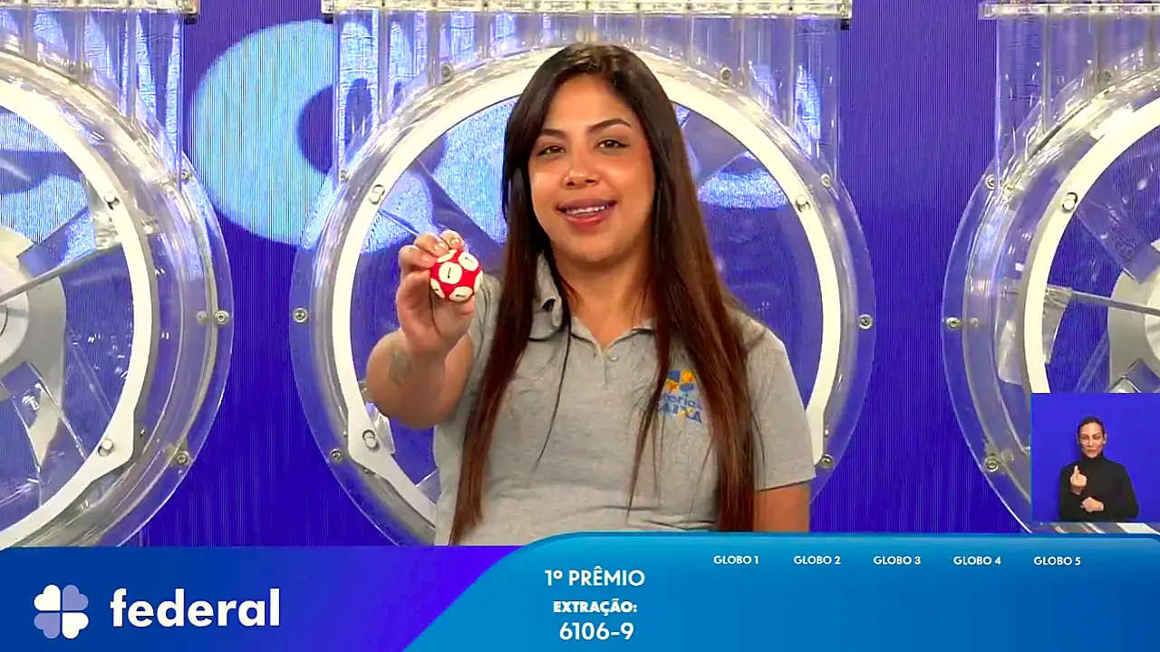 Garota da Sorte exibe bola ejetada do globo durante sorteio que formou o resultado completo de todos os prêmios do concurso 6106 da Loteria Federal, referente à Extração de Sábado, 03/10, com todas as dezenas de milhar do 1º, 2º, 3º, 4º, 5º prêmio, bem como premiações derivadas