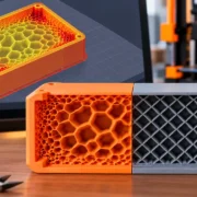 Comparação de preenchimentos na impressão 3D, com Adaptive Cubic em laranja, apresentando células menores próximas às paredes e maiores no centro, ao lado de uma estrutura uniforme em cinza.