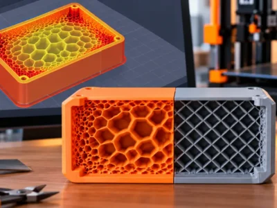 Comparação de preenchimentos na impressão 3D, com Adaptive Cubic em laranja, apresentando células menores próximas às paredes e maiores no centro, ao lado de uma estrutura uniforme em cinza.