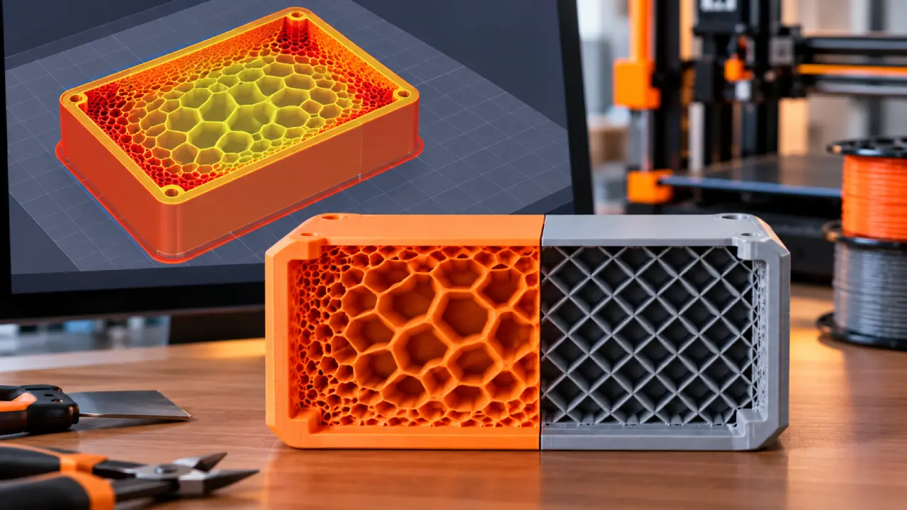 Comparação de preenchimentos na impressão 3D, com Adaptive Cubic em laranja, apresentando células menores próximas às paredes e maiores no centro, ao lado de uma estrutura uniforme em cinza.