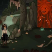 Cenário ilustrado de Allogloom, jogo de mistério e terror desenhado à mão que acompanha a investigação de Nora.