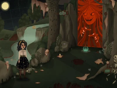 Cenário ilustrado de Allogloom, jogo de mistério e terror desenhado à mão que acompanha a investigação de Nora.