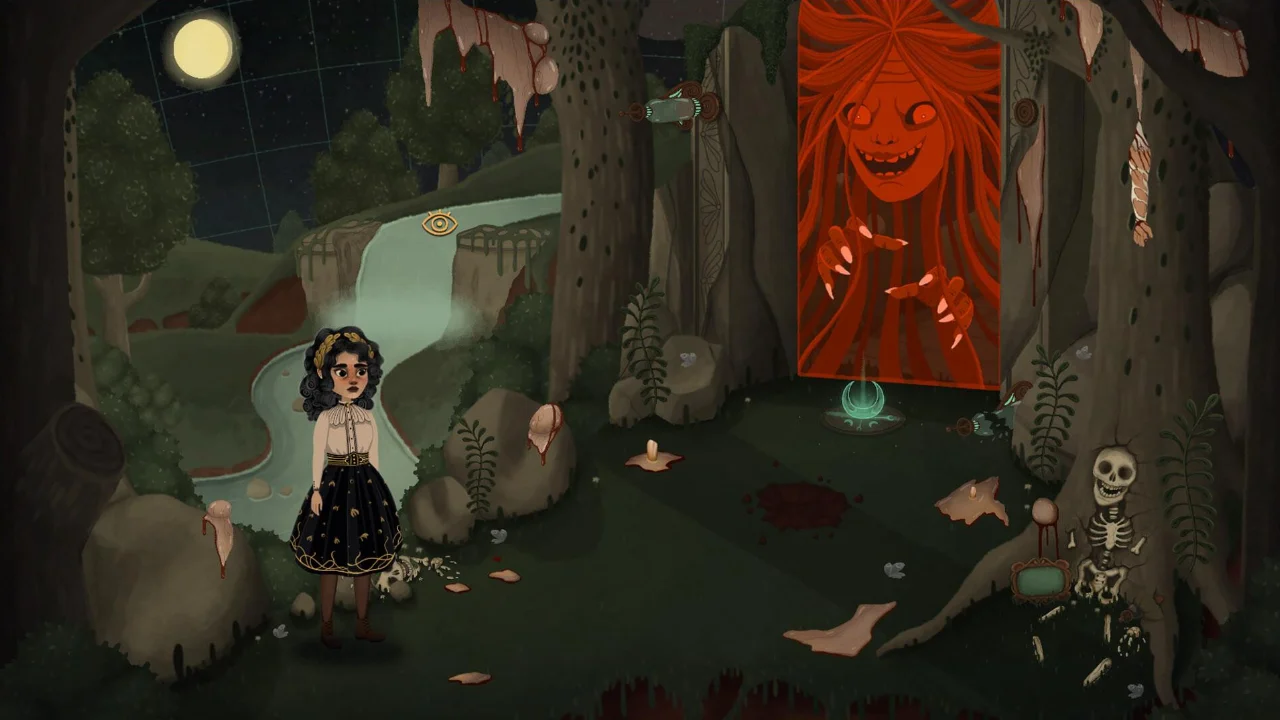 Cenário ilustrado de Allogloom, jogo de mistério e terror desenhado à mão que acompanha a investigação de Nora. Cenário ilustrado de Allogloom, jogo de mistério e terror desenhado à mão que acompanha a investigação de Nora.