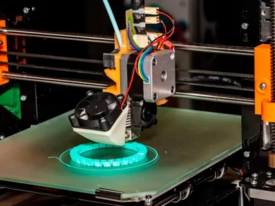 Impressora 3D em funcionamento, produzindo um objeto por camadas de filamento, em reportagem sobre altura de camada variável.