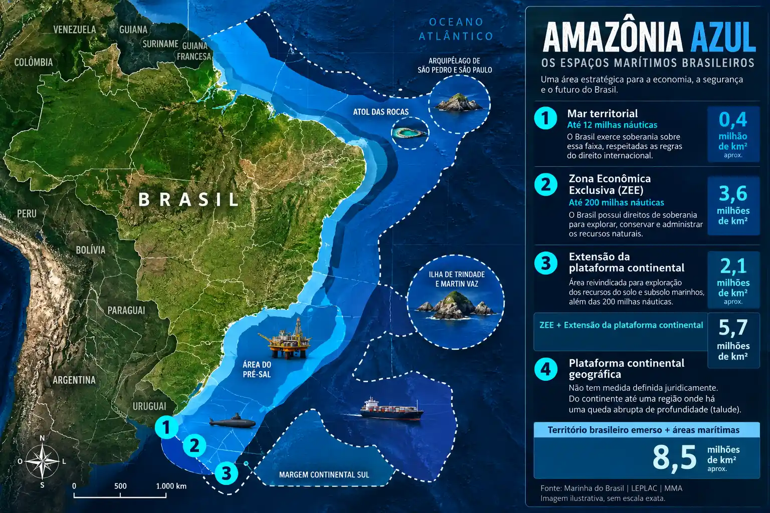 Mapa ilustrativo da Amazônia Azul com o mar territorial, a Zona Econômica Exclusiva e a extensão da plataforma continental brasileira.