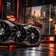 Placa de vídeo com três ventoinhas diante de monitor que compara uma cena de jogo com imagem desfocada e imagem mais nítida, ilustrando a tecnologia de upscaling.