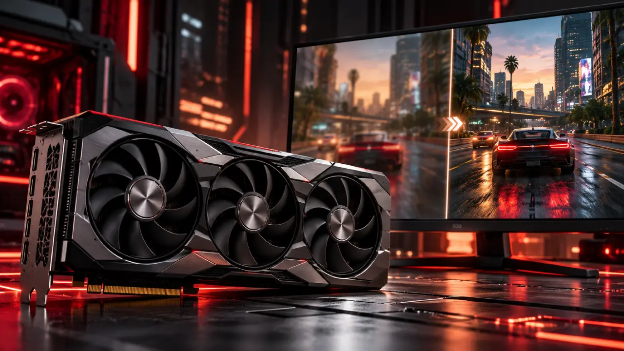Placa de vídeo com três ventoinhas diante de monitor que compara uma cena de jogo com imagem desfocada e imagem mais nítida, ilustrando a tecnologia de upscaling. Placa de vídeo com três ventoinhas diante de monitor que compara uma cena de jogo com imagem desfocada e imagem mais nítida, ilustrando a tecnologia de upscaling.