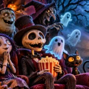 Personagens animados de Halloween, incluindo esqueleto, bruxa, monstro e fantasmas, assistem a uma sessão de cinema em um cenário gótico.