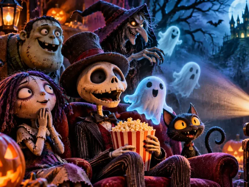 Personagens animados de Halloween, incluindo esqueleto, bruxa, monstro e fantasmas, assistem a uma sessão de cinema em um cenário gótico.