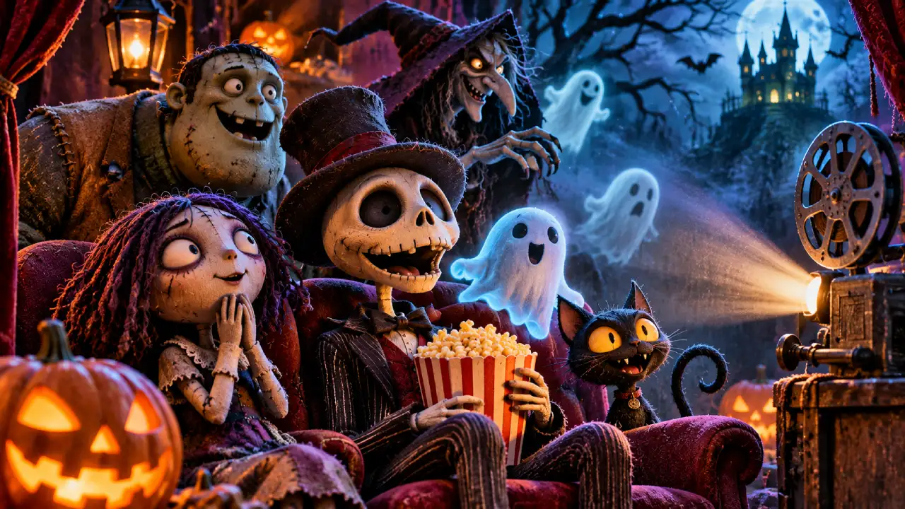 Personagens animados de Halloween, incluindo esqueleto, bruxa, monstro e fantasmas, assistem a uma sessão de cinema em um cenário gótico.