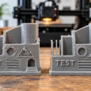 Comparação de duas peças impressas em 3D com filamento cinza, mostrando falhas em letras e paredes finas à esquerda e detalhes mais definidos à direita.