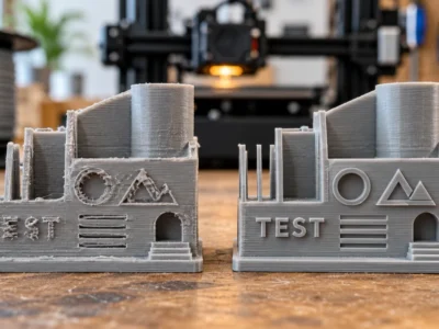 Comparação de duas peças impressas em 3D com filamento cinza, mostrando falhas em letras e paredes finas à esquerda e detalhes mais definidos à direita.