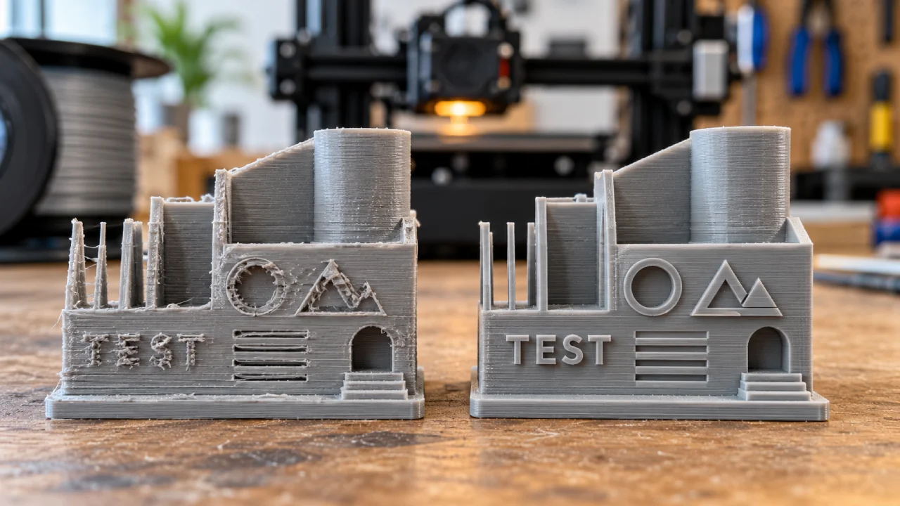 Comparação de duas peças impressas em 3D com filamento cinza, mostrando falhas em letras e paredes finas à esquerda e detalhes mais definidos à direita.