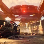 Personagem de ARC Raiders enfrenta ameaça robótica em cenário de combate do jogo.