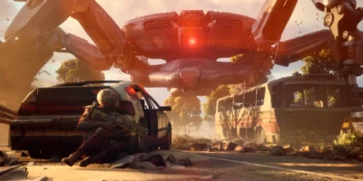 Personagem de ARC Raiders enfrenta ameaça robótica em cenário de combate do jogo.