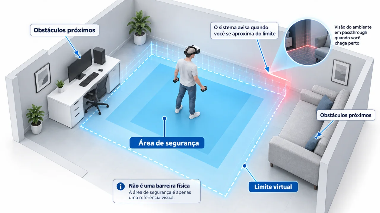 Ilustração isométrica mostra uma pessoa usando óculos de realidade virtual dentro de uma área de segurança virtual, com alertas sobre limites e obstáculos próximos no ambiente. Ilustração isométrica mostra uma pessoa usando óculos de realidade virtual dentro de uma área de segurança virtual, com alertas sobre limites e obstáculos próximos no ambiente.