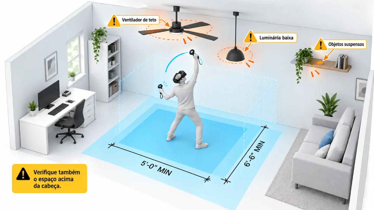 Pessoa utilizando óculos de realidade virtual levanta um controle próximo a um ventilador de teto, enquanto a ilustração destaca os riscos de colisão com luminárias e objetos suspensos. Pessoa utilizando óculos de realidade virtual levanta um controle próximo a um ventilador de teto, enquanto a ilustração destaca os riscos de colisão com luminárias e objetos suspensos.