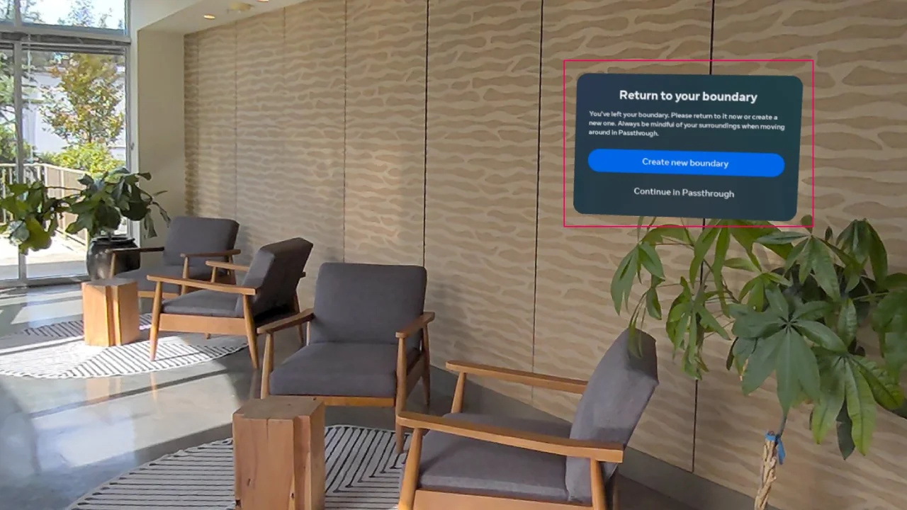 Visão Passthrough do Meta Quest mostra uma sala real com cadeiras e plantas, enquanto o sistema alerta que o usuário saiu da área de segurança. Visão Passthrough do Meta Quest mostra uma sala real com cadeiras e plantas, enquanto o sistema alerta que o usuário saiu da área de segurança.