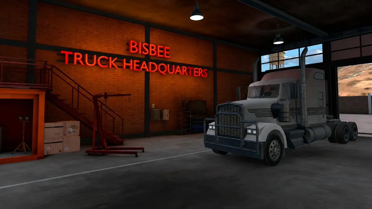 Caminhão cinza estacionado na garagem Bisbee Truck Headquarters, em cena do jogo de realidade virtual Arizona Truck Driver.