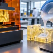 Impressora 3D de resina produz molde translúcido enquanto silicone líquido é despejado em outro molde, em ambiente de laboratório.
