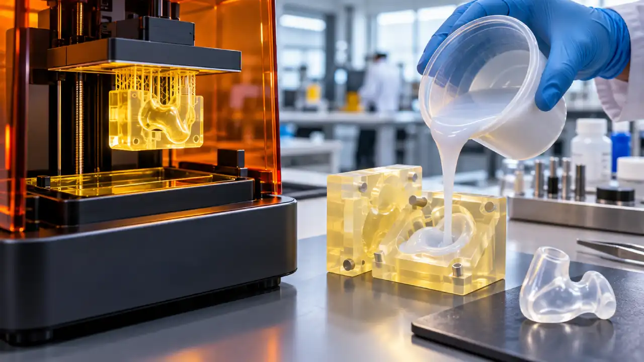 Impressora 3D de resina produz molde translúcido enquanto silicone líquido é despejado em outro molde, em ambiente de laboratório.