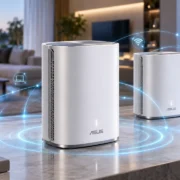 Dois roteadores ASUS brancos em uma sala moderna, com efeitos luminosos azuis que representam a cobertura de uma rede mesh Wi-Fi 8.