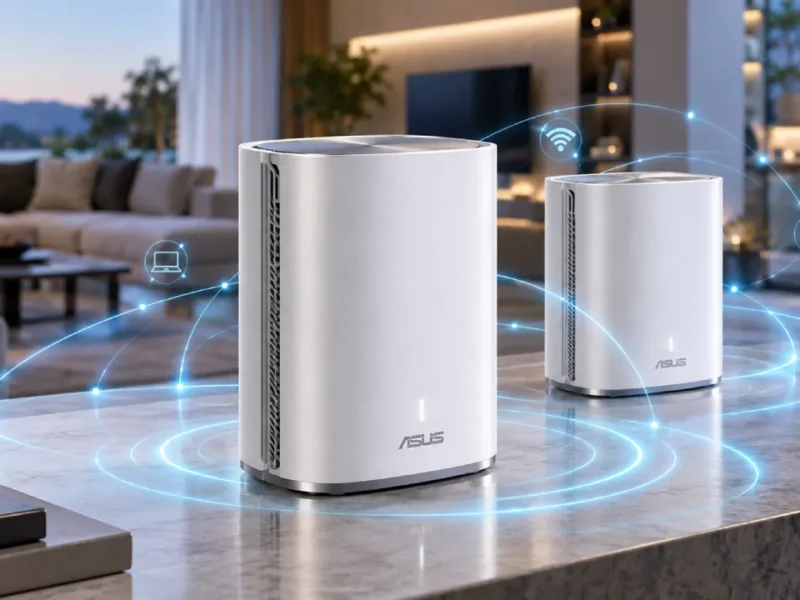 Dois roteadores ASUS brancos em uma sala moderna, com efeitos luminosos azuis que representam a cobertura de uma rede mesh Wi-Fi 8.