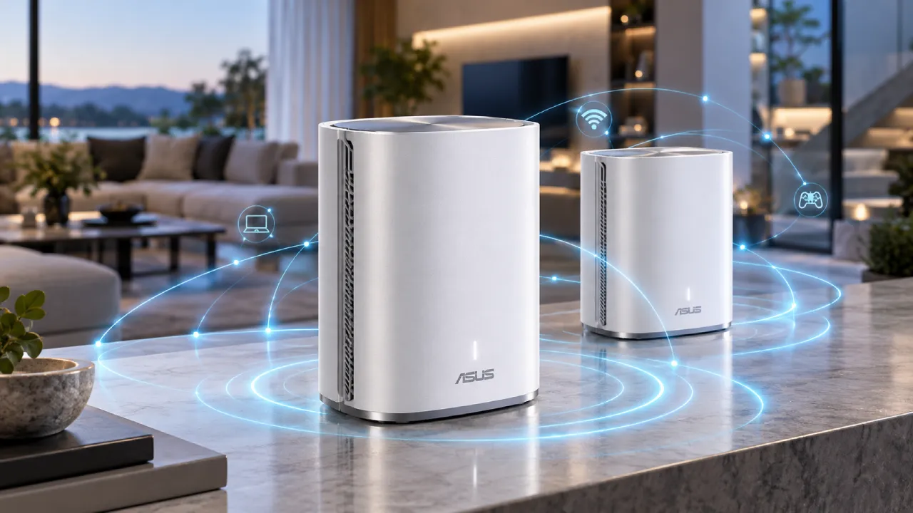 Dois roteadores ASUS brancos em uma sala moderna, com efeitos luminosos azuis que representam a cobertura de uma rede mesh Wi-Fi 8. Dois roteadores ASUS brancos em uma sala moderna, com efeitos luminosos azuis que representam a cobertura de uma rede mesh Wi-Fi 8.