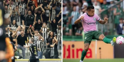 Jogadores de Atlético-MG e Coritiba durante confronto pelo Campeonato Brasileiro na Arena MRV