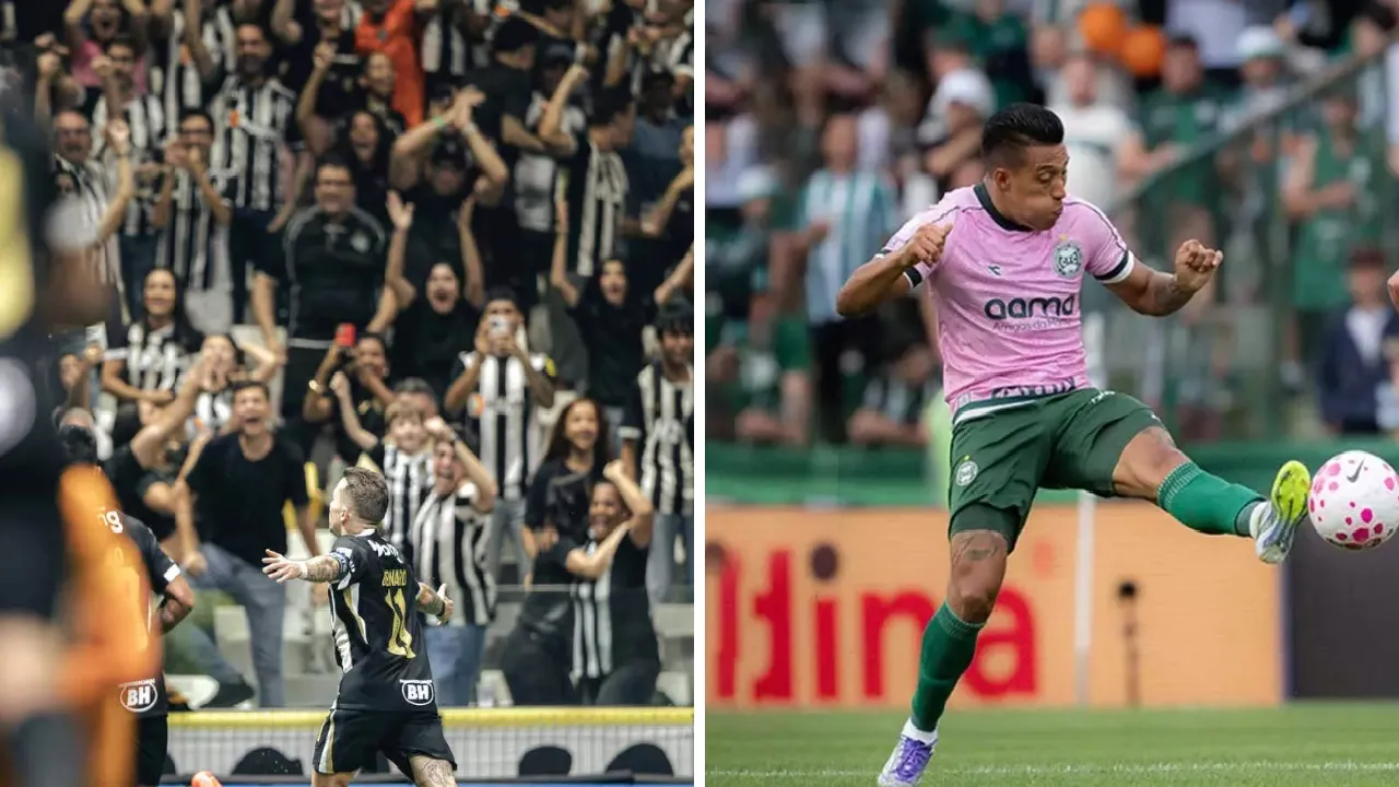 Jogadores de Atlético-MG e Coritiba durante confronto pelo Campeonato Brasileiro na Arena MRV