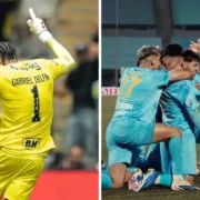 Gabriel Delfim, goleiro do Atlético-MG, e jogadores do Montevideo City Torque comemoram durante a Copa Sul-Americana de 2026.