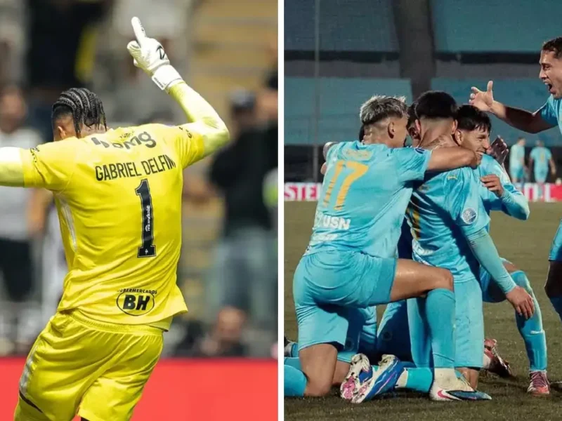 Gabriel Delfim, goleiro do Atlético-MG, e jogadores do Montevideo City Torque comemoram durante a Copa Sul-Americana de 2026.