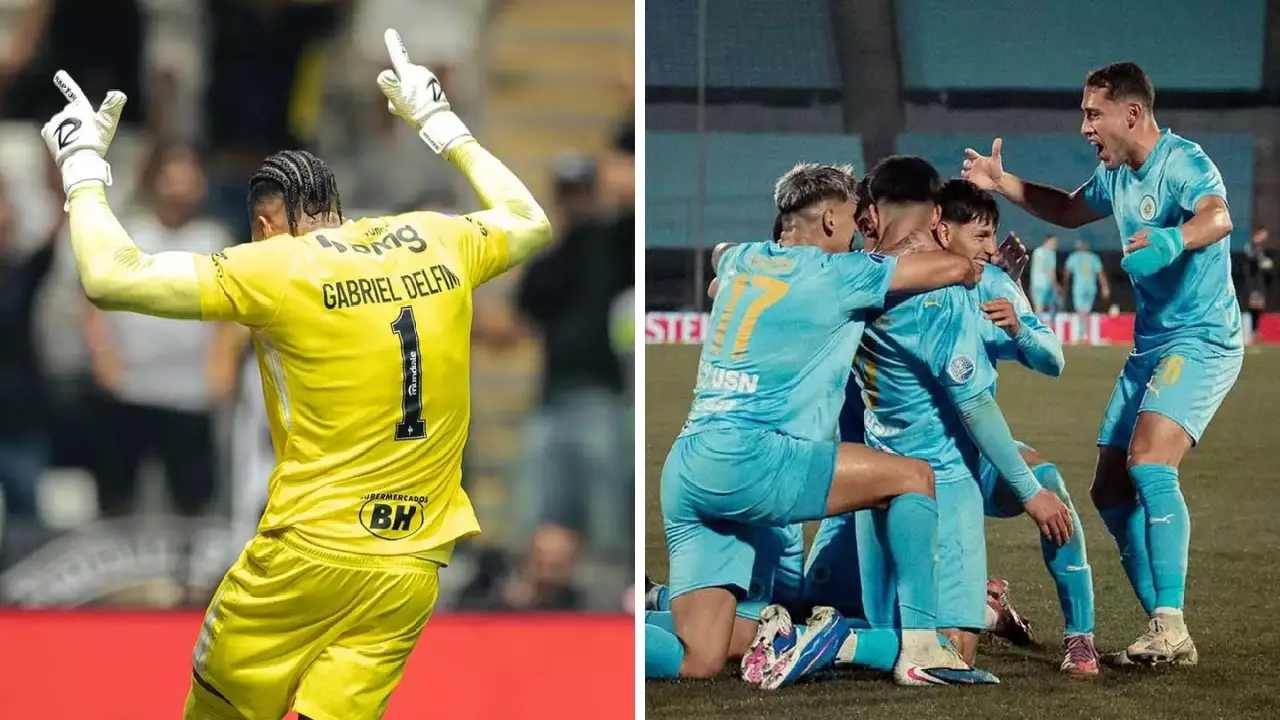 Gabriel Delfim, goleiro do Atlético-MG, e jogadores do Montevideo City Torque comemoram durante a Copa Sul-Americana de 2026.