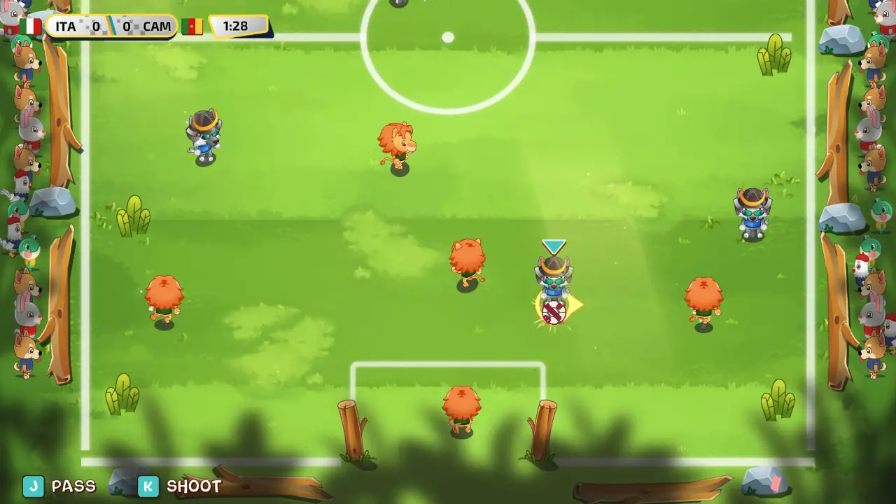 Partida de futebol entre personagens animais no jogo de estratégia Auto Ball.