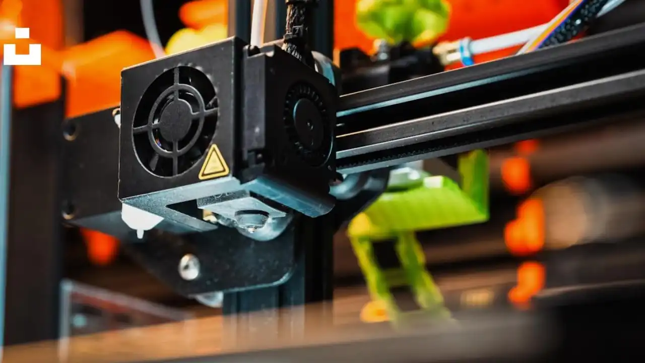 Cabeçote de impressora 3D em close, mostrando ventilador de refrigeração, componentes do extrusor e estrutura metálica. Cabeçote de impressora 3D em close, mostrando ventilador de refrigeração, componentes do extrusor e estrutura metálica.