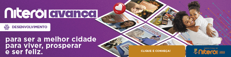 Banner publicitário da Prefeitura de Niterói sobre desenvolvimento, da campanha Niterói Avança — Um Ano e Meio de Muitas Entregas.